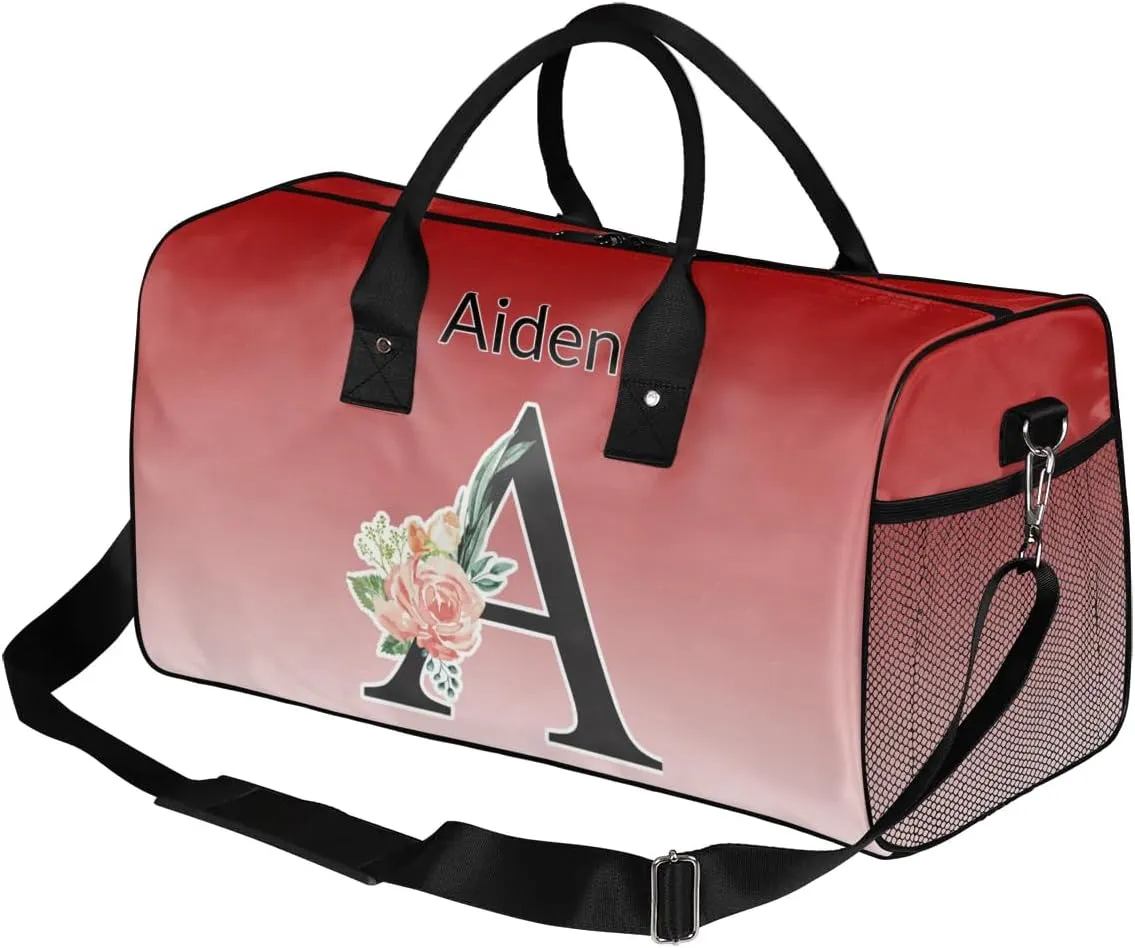 Personalized Initial Sports Duffel Bags, Custom Travel Overnight Weekender Bag for Women Men, Deep Red Gradient Custom Gym Bags Dance Cheer Bag Monogrammed Personalized Gifts
