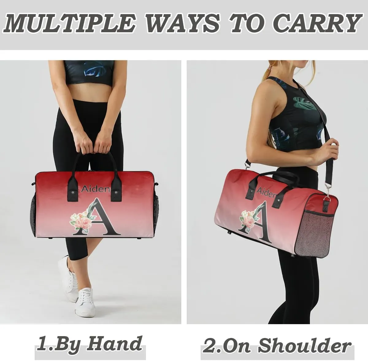 Personalized Initial Sports Duffel Bags, Custom Travel Overnight Weekender Bag for Women Men, Deep Red Gradient Custom Gym Bags Dance Cheer Bag Monogrammed Personalized Gifts