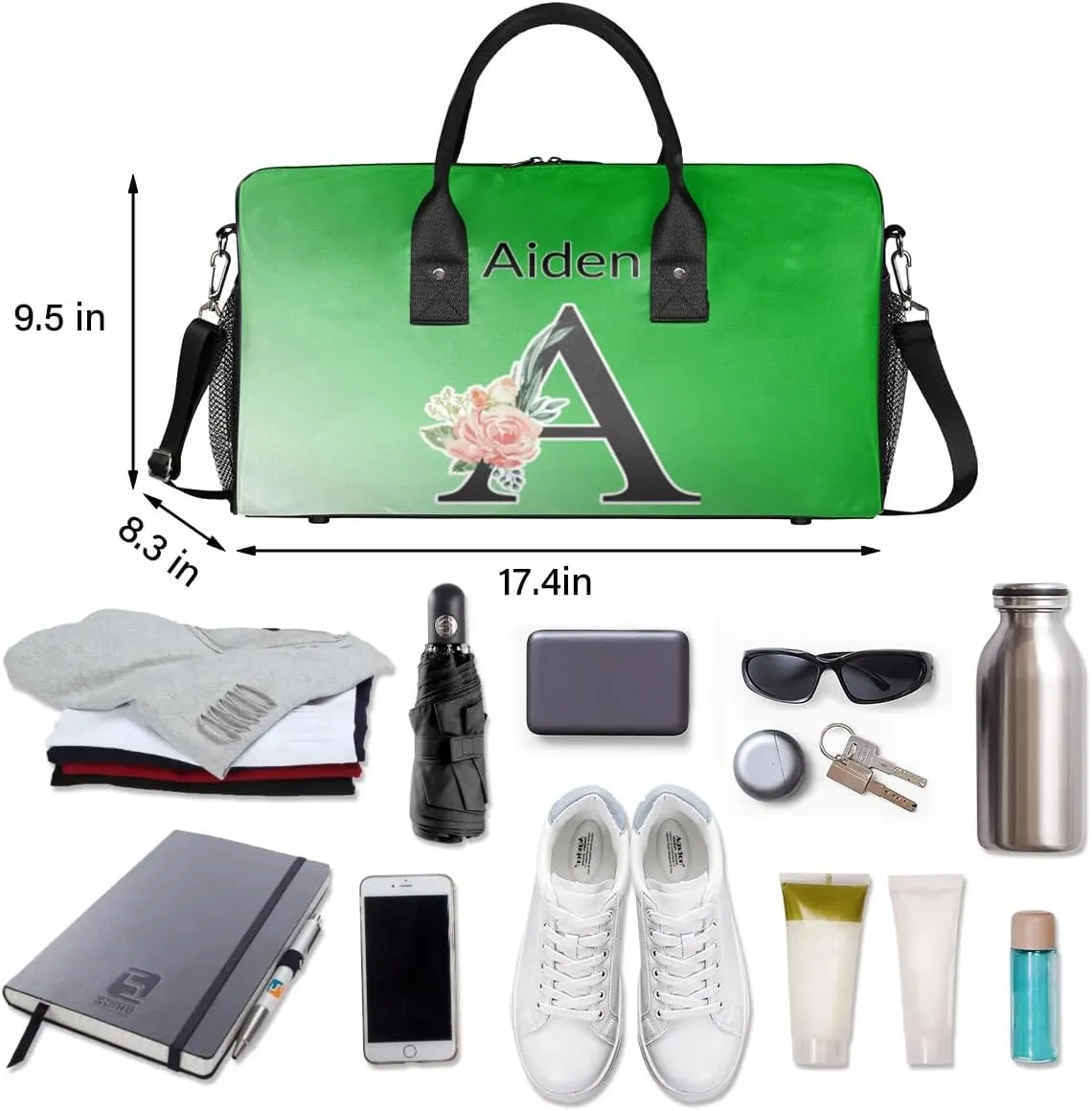 Personalized Initial Sports Duffel Bags, Custom Travel Overnight Weekender Bag for Women Men, Grass Green Gradient Custom Gym Bags Dance Cheer Bag Monogrammed Personalized Gifts