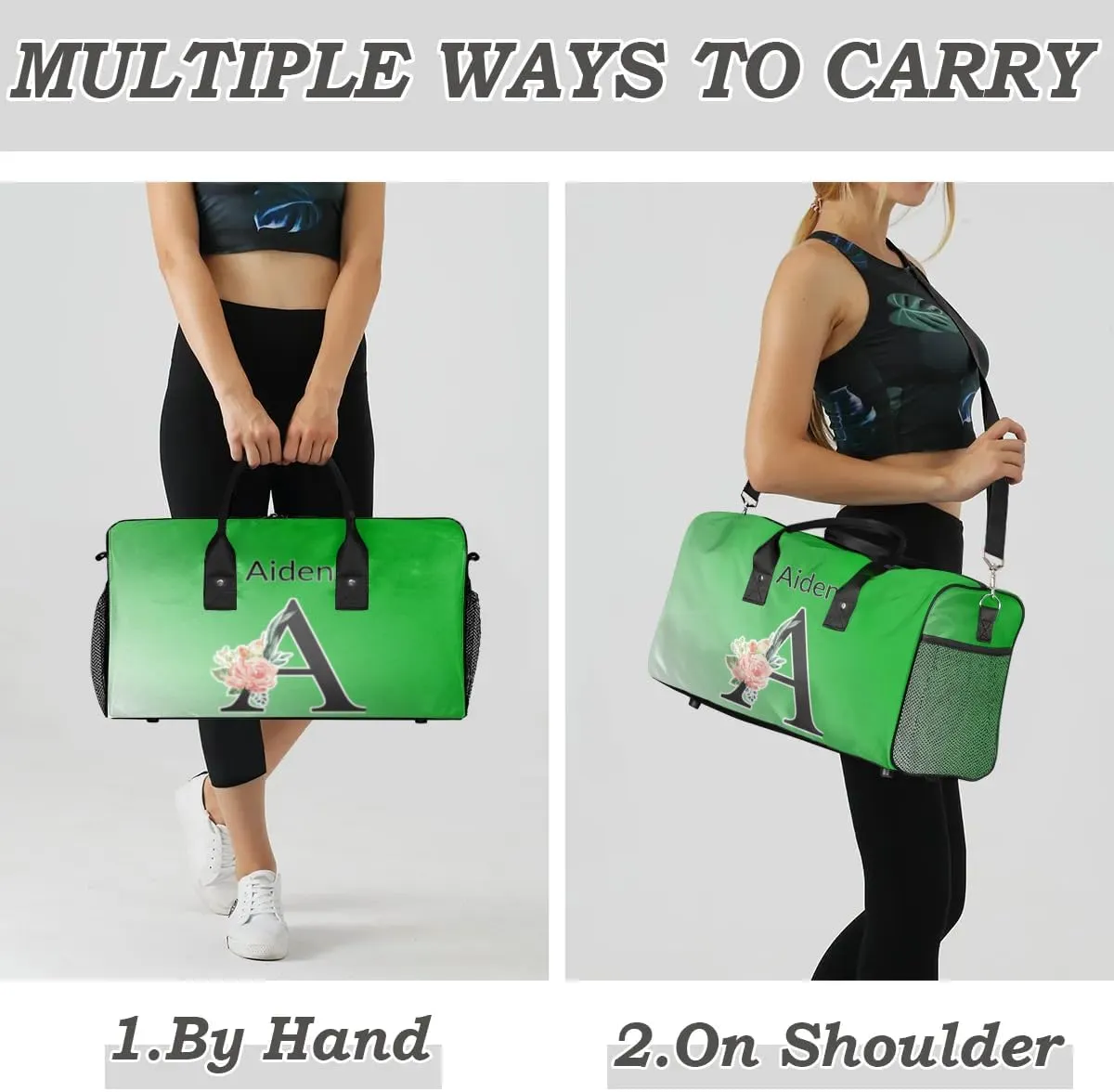 Personalized Initial Sports Duffel Bags, Custom Travel Overnight Weekender Bag for Women Men, Grass Green Gradient Custom Gym Bags Dance Cheer Bag Monogrammed Personalized Gifts