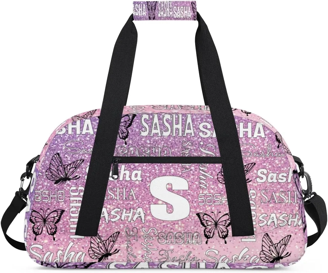 Personalized Initials Duffel Bags for Women, Custom Sport Duffel Bag with Name, Butterfly Print Overnight Carry-On Bag Weekender Bags, Rose Pink Glitter Custom Gifts