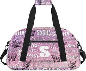 Personalized Initials Duffel Bags for Women, Custom Sport Duffel Bag with Name, Butterfly Print Overnight Carry-On Bag Weekender Bags, Rose Pink Glitter Custom Gifts