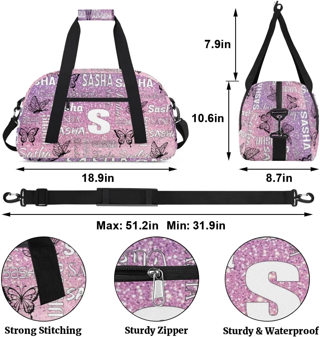 Personalized Initials Duffel Bags for Women, Custom Sport Duffel Bag with Name, Butterfly Print Overnight Carry-On Bag Weekender Bags, Rose Pink Glitter Custom Gifts