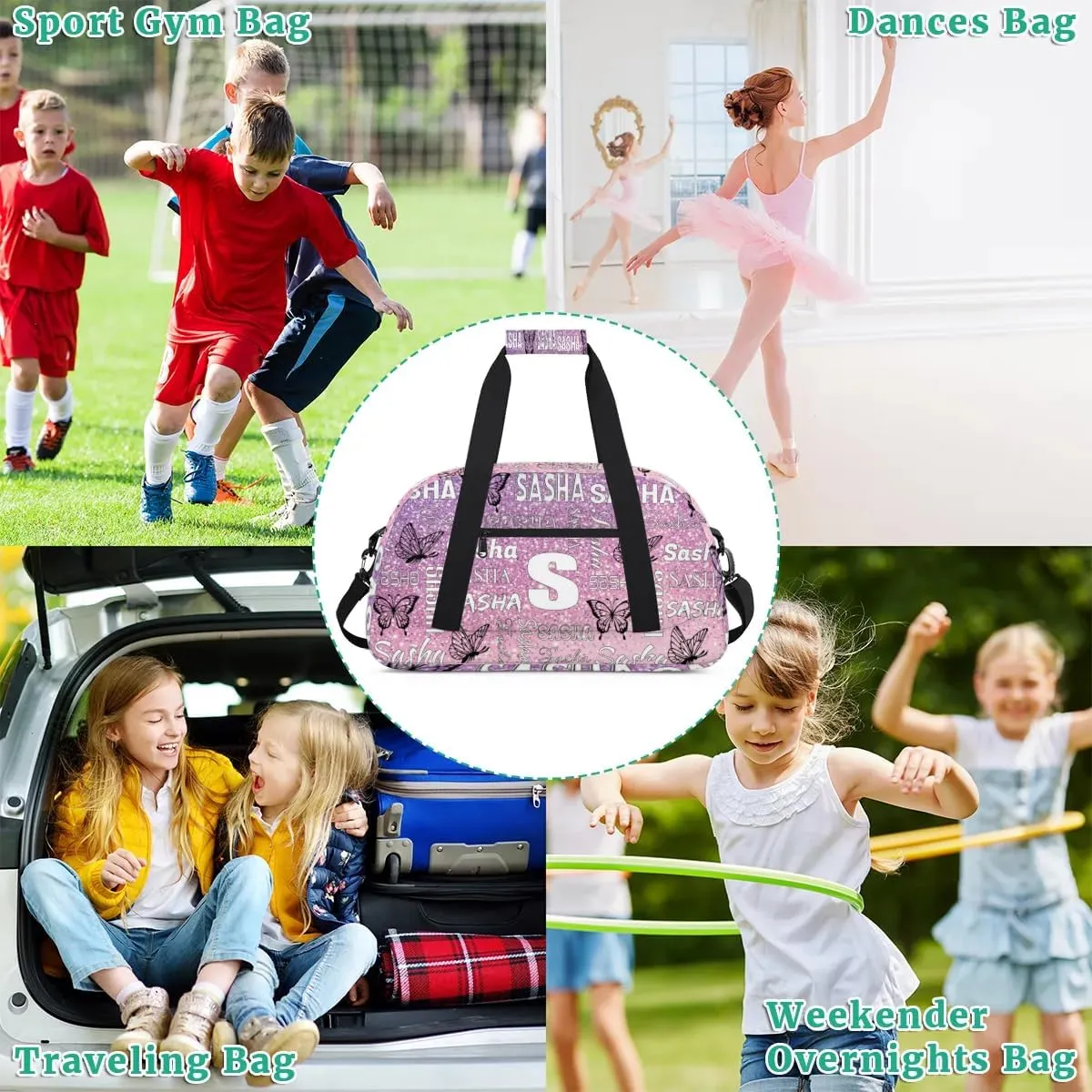 Personalized Initials Duffel Bags for Women, Custom Sport Duffel Bag with Name, Butterfly Print Overnight Carry-On Bag Weekender Bags, Rose Pink Glitter Custom Gifts