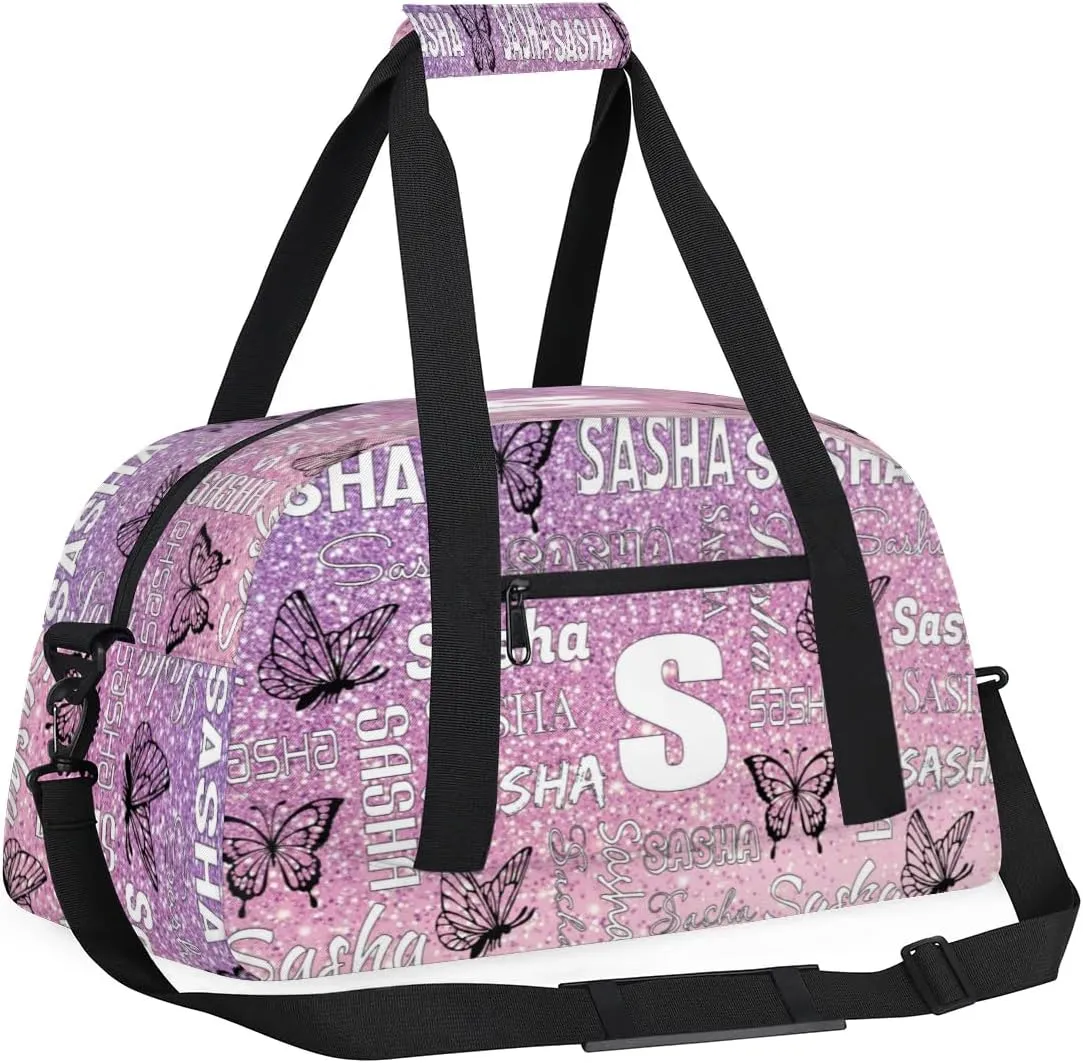 Personalized Initials Duffel Bags for Women, Custom Sport Duffel Bag with Name, Butterfly Print Overnight Carry-On Bag Weekender Bags, Rose Pink Glitter Custom Gifts