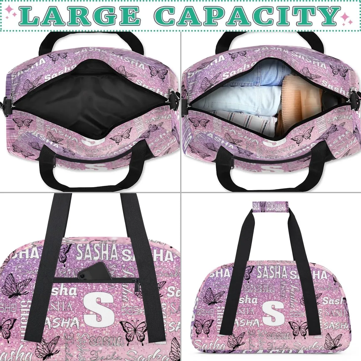 Personalized Initials Duffel Bags for Women, Custom Sport Duffel Bag with Name, Butterfly Print Overnight Carry-On Bag Weekender Bags, Rose Pink Glitter Custom Gifts