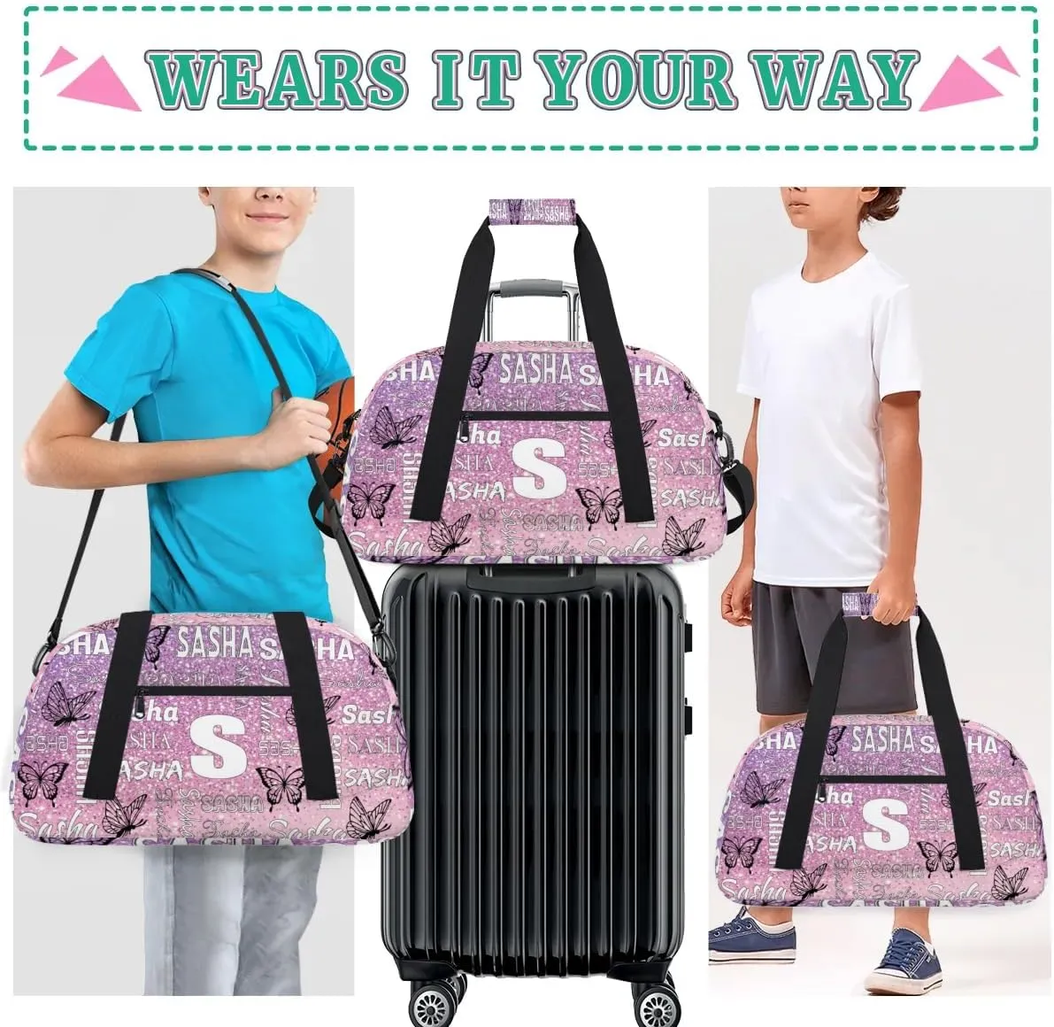 Personalized Initials Duffel Bags for Women, Custom Sport Duffel Bag with Name, Butterfly Print Overnight Carry-On Bag Weekender Bags, Rose Pink Glitter Custom Gifts
