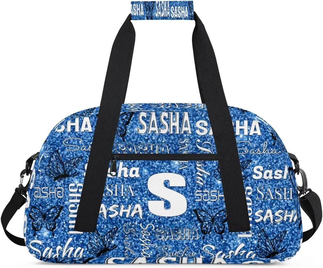 Personalized Initials Duffel Bags for Women, Custom Sport Duffel Bag with Name, Butterfly Print Overnight Carry-On Bag Weekender Bags, Sky Blue Glitter Custom Gifts