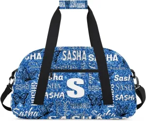 Personalized Initials Duffel Bags for Women, Custom Sport Duffel Bag with Name, Butterfly Print Overnight Carry-On Bag Weekender Bags, Sky Blue Glitter Custom Gifts