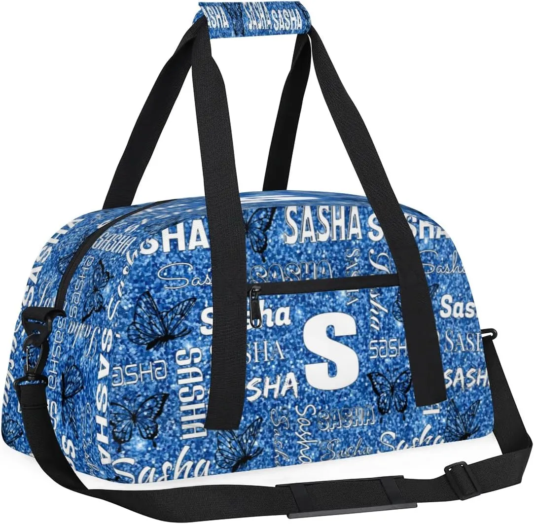 Personalized Initials Duffel Bags for Women, Custom Sport Duffel Bag with Name, Butterfly Print Overnight Carry-On Bag Weekender Bags, Sky Blue Glitter Custom Gifts