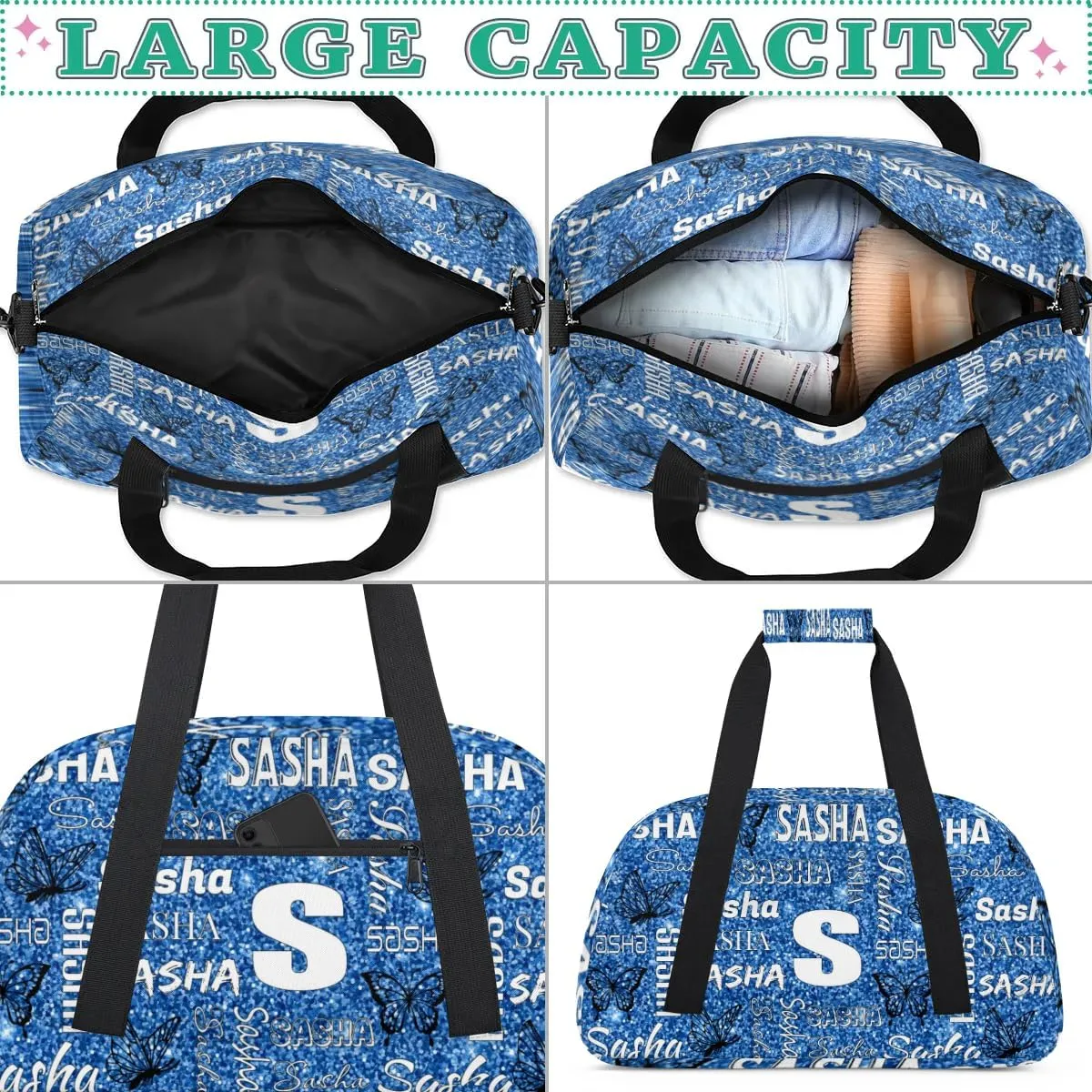 Personalized Initials Duffel Bags for Women, Custom Sport Duffel Bag with Name, Butterfly Print Overnight Carry-On Bag Weekender Bags, Sky Blue Glitter Custom Gifts