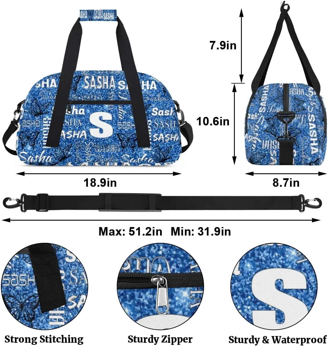 Personalized Initials Duffel Bags for Women, Custom Sport Duffel Bag with Name, Butterfly Print Overnight Carry-On Bag Weekender Bags, Sky Blue Glitter Custom Gifts