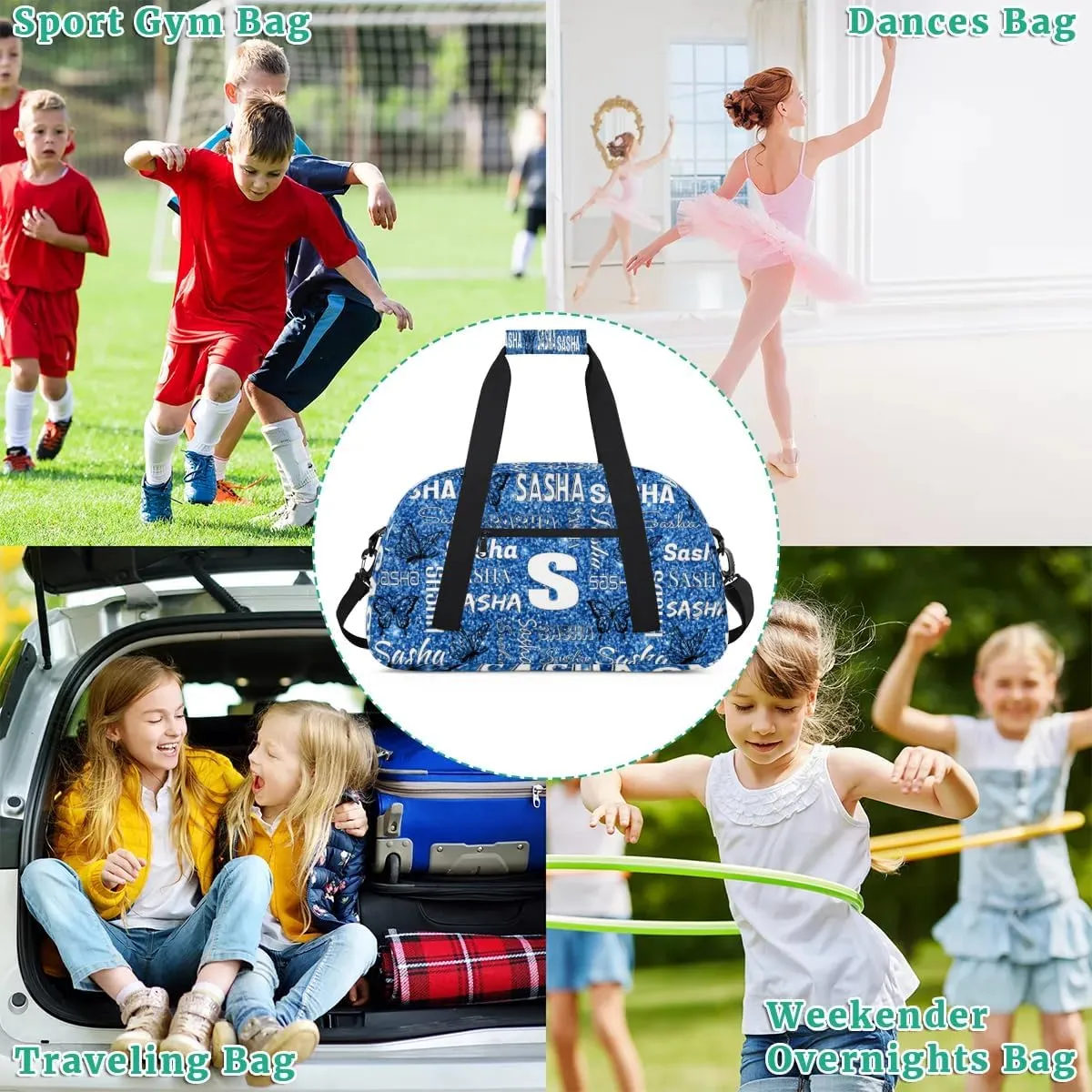 Personalized Initials Duffel Bags for Women, Custom Sport Duffel Bag with Name, Butterfly Print Overnight Carry-On Bag Weekender Bags, Sky Blue Glitter Custom Gifts