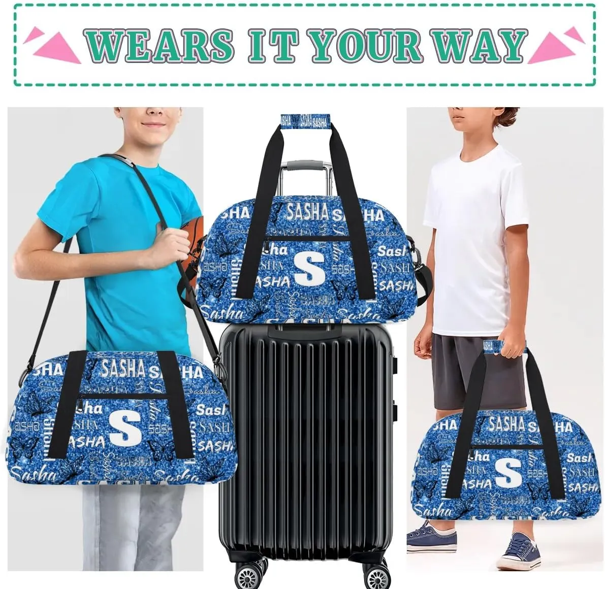 Personalized Initials Duffel Bags for Women, Custom Sport Duffel Bag with Name, Butterfly Print Overnight Carry-On Bag Weekender Bags, Sky Blue Glitter Custom Gifts