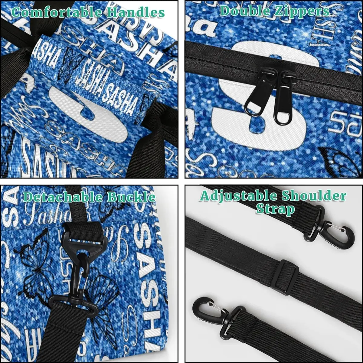 Personalized Initials Duffel Bags for Women, Custom Sport Duffel Bag with Name, Butterfly Print Overnight Carry-On Bag Weekender Bags, Sky Blue Glitter Custom Gifts
