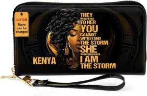 Personalized Leather Wallet For Women - I Am The Storm - African Pride Woman Clutch Purse - Gifts For Black Women African Queen - Black Girl Bag Purse