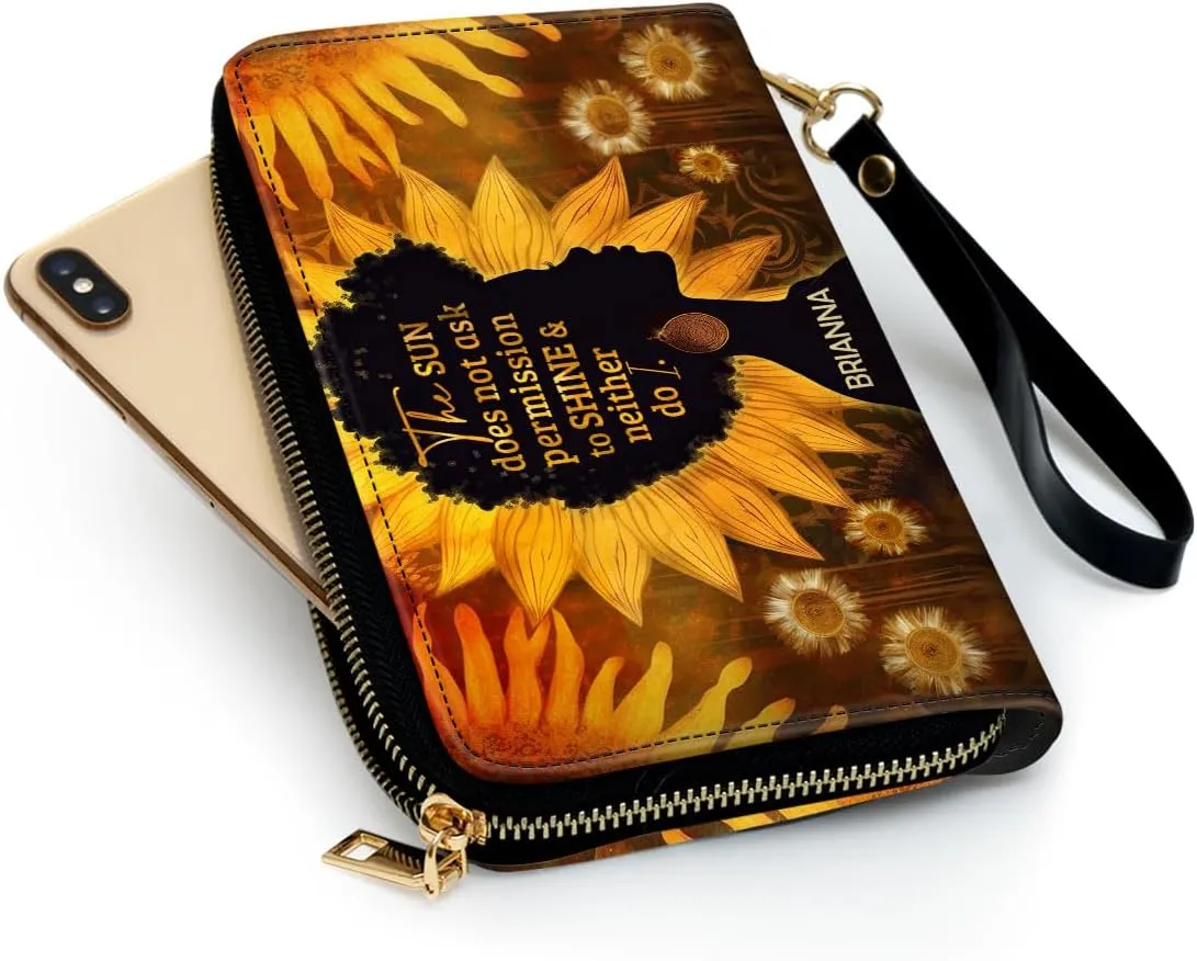 Personalized Leather Wallet For Women - Sunflowers - African Pride Woman Clutch Purse - Sunflower Gifts For Black Women African Queen - African American Art Black Girl Bag Purse