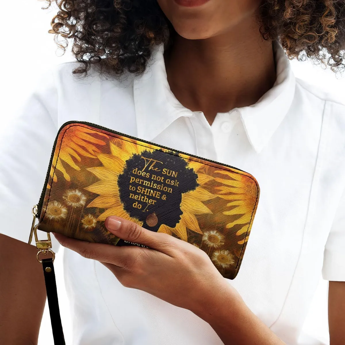 Personalized Leather Wallet For Women - Sunflowers - African Pride Woman Clutch Purse - Sunflower Gifts For Black Women African Queen - African American Art Black Girl Bag Purse