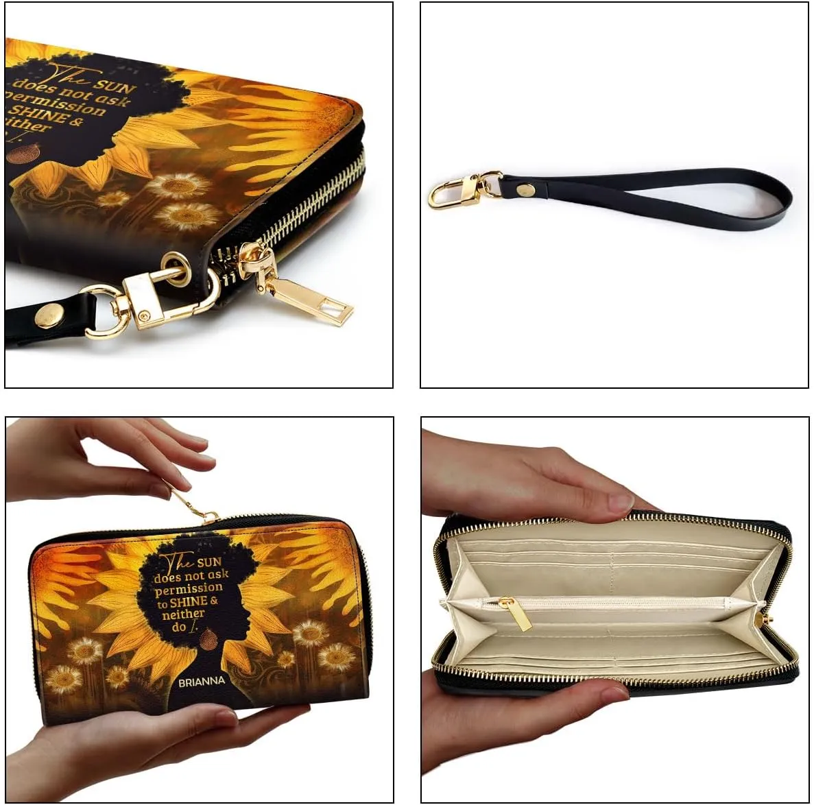 Personalized Leather Wallet For Women - Sunflowers - African Pride Woman Clutch Purse - Sunflower Gifts For Black Women African Queen - African American Art Black Girl Bag Purse
