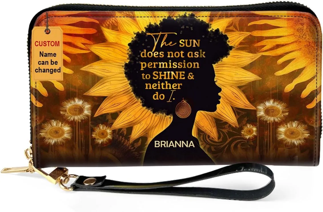 Personalized Leather Wallet For Women - Sunflowers - African Pride Woman Clutch Purse - Sunflower Gifts For Black Women African Queen - African American Art Black Girl Bag Purse