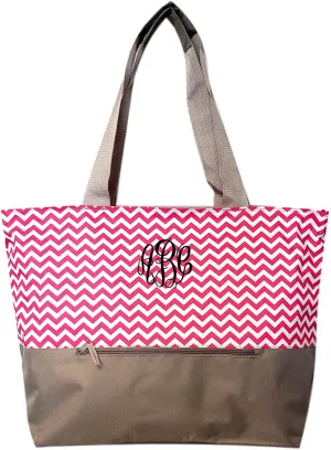 Personalized Monogrammed XL Beach Tote Chevron Print Bag with Mesh Webbed Handles and Outer Zippered Pocket