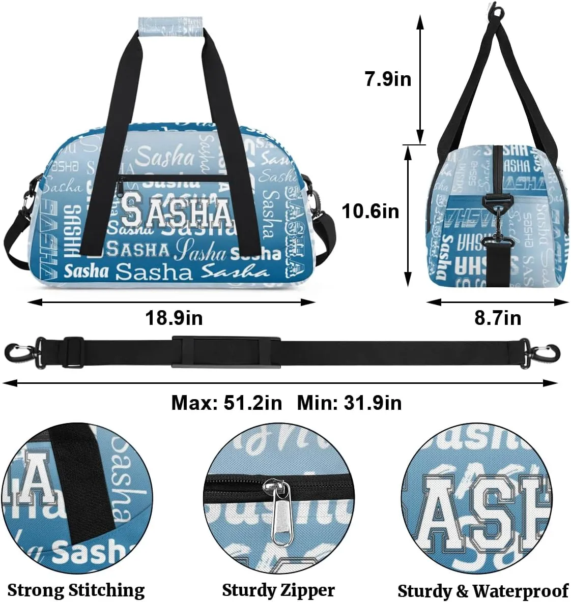 Personalized Name Dance Gymnastics Bags, Custom Duffel Bag Cheer Bags, Custom Sport Duffel Gym Bags Travel Weekender Bags Blue Gradient