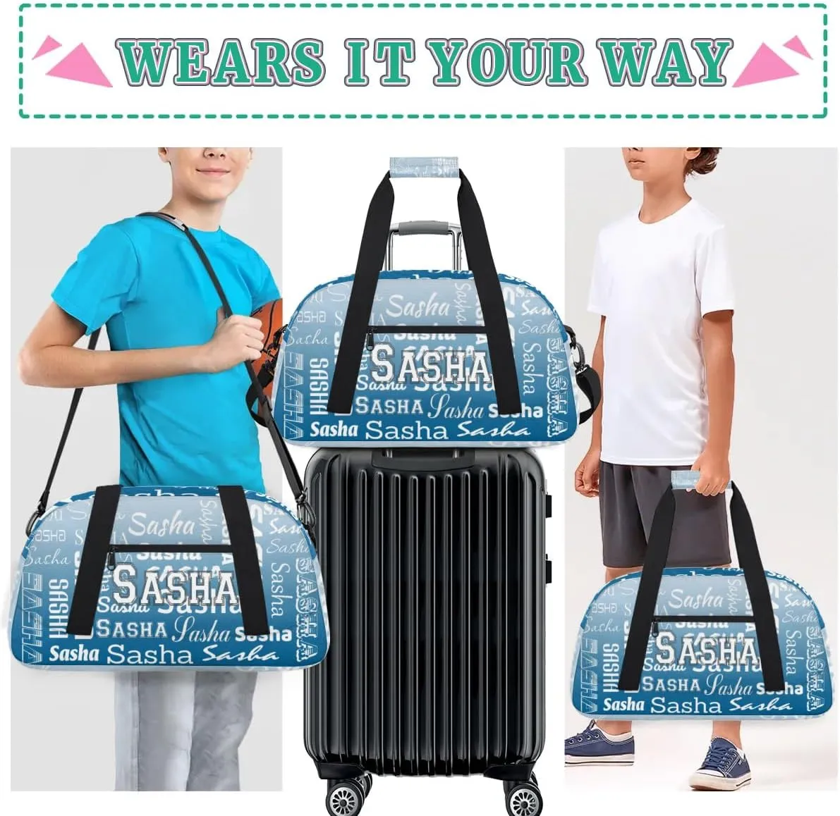 Personalized Name Dance Gymnastics Bags, Custom Duffel Bag Cheer Bags, Custom Sport Duffel Gym Bags Travel Weekender Bags Blue Gradient