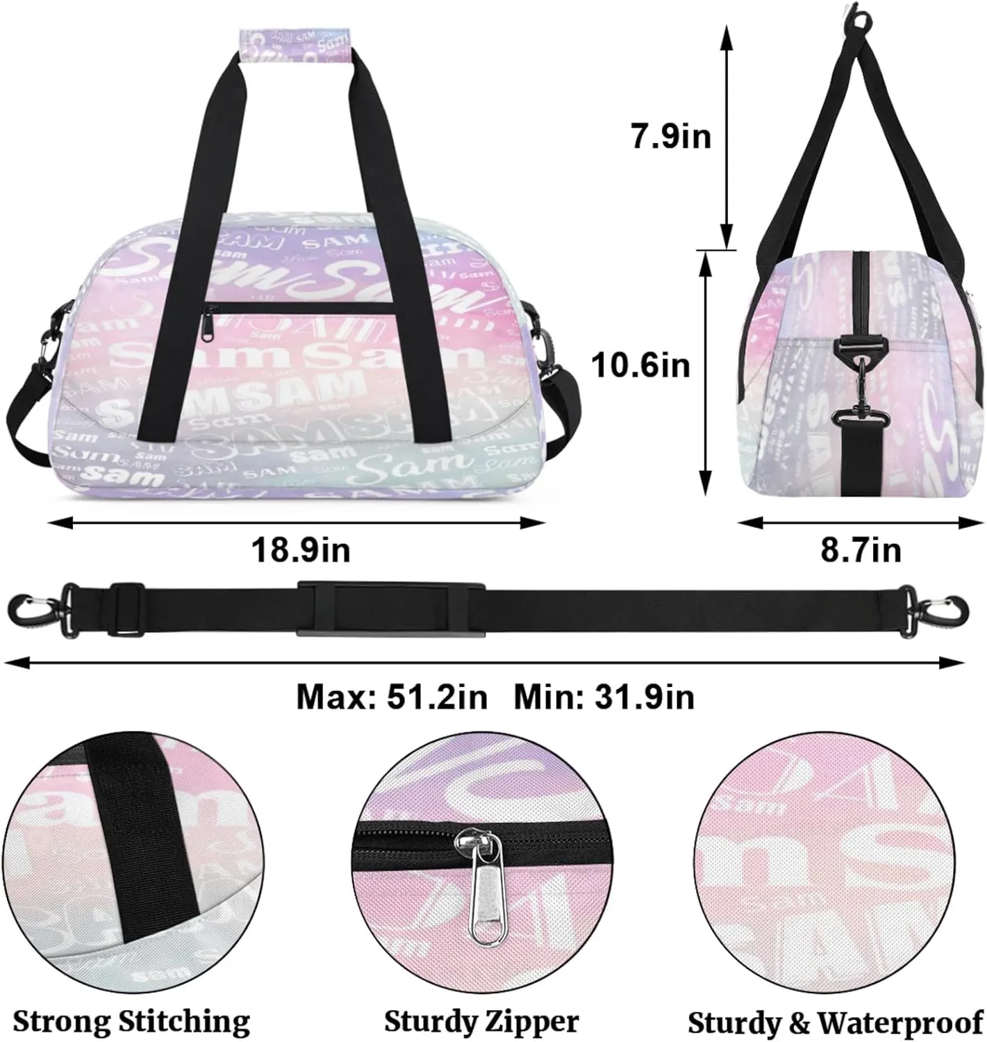 Personalized Name Gym Duffel Bag, Custom Sport Duffle Bags, Custom Overnight Weekender Bag Travel Bag for Dance Cheer Gymnastics Swimming, Colourful Prints