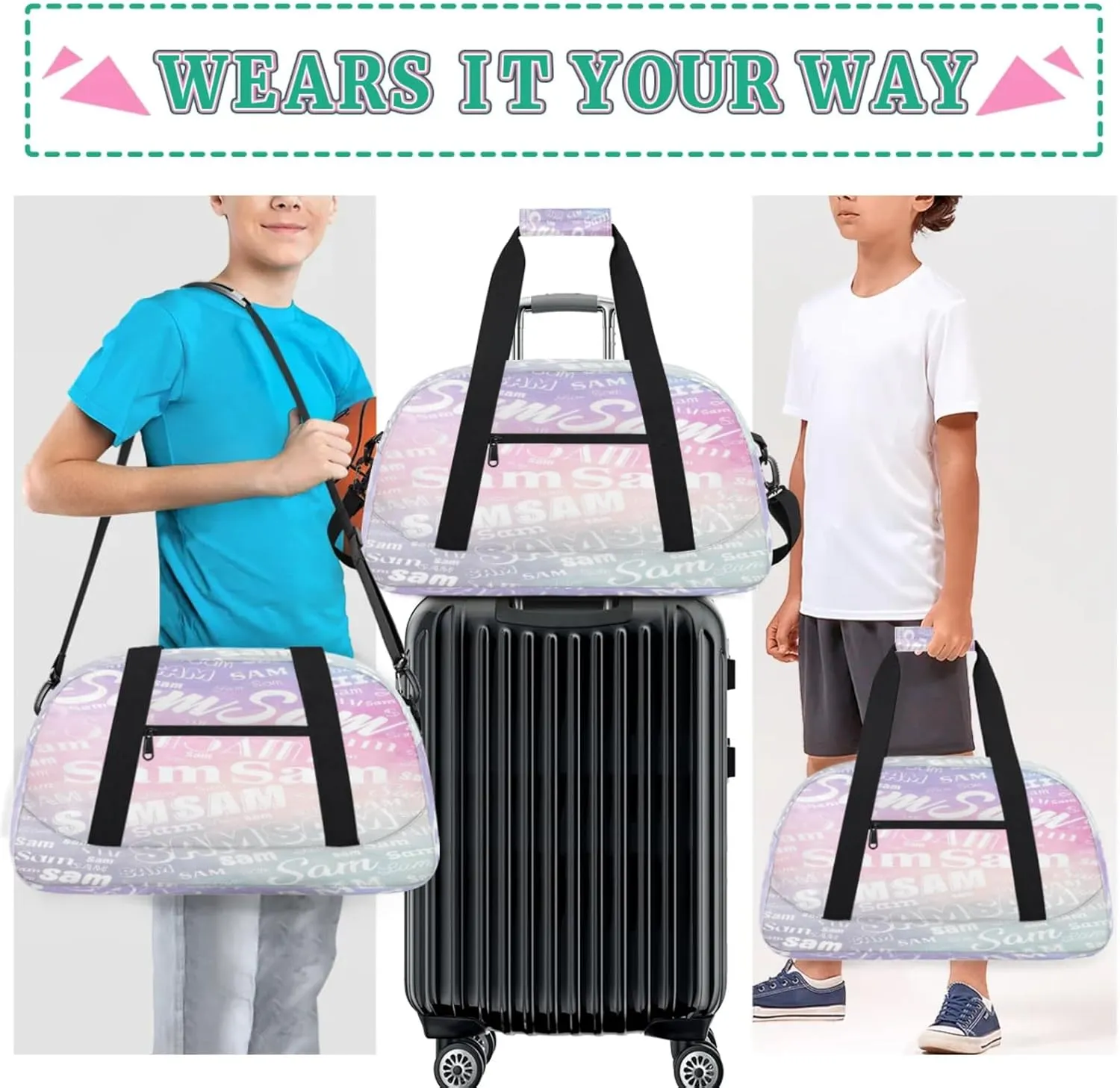 Personalized Name Gym Duffel Bag, Custom Sport Duffle Bags, Custom Overnight Weekender Bag Travel Bag for Dance Cheer Gymnastics Swimming, Colourful Prints