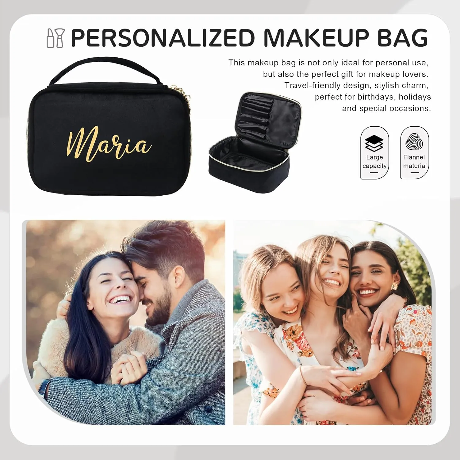 Personalized Name Makeup Bags - Monogrammed Gift for Women Girls Cosmetic Bag with Zipper Gift Ideal for Teen Girls Women Birthday Friend Mom (Black)