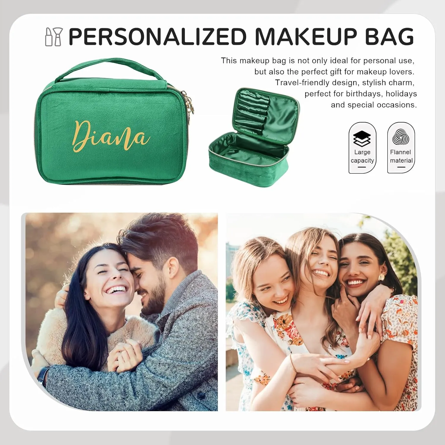 Personalized Name Makeup Bags - Monogrammed Gift for Women Girls Cosmetic Bag with Zipper Gift Ideal for Teen Girls Women Birthday Friend Mom (Green)