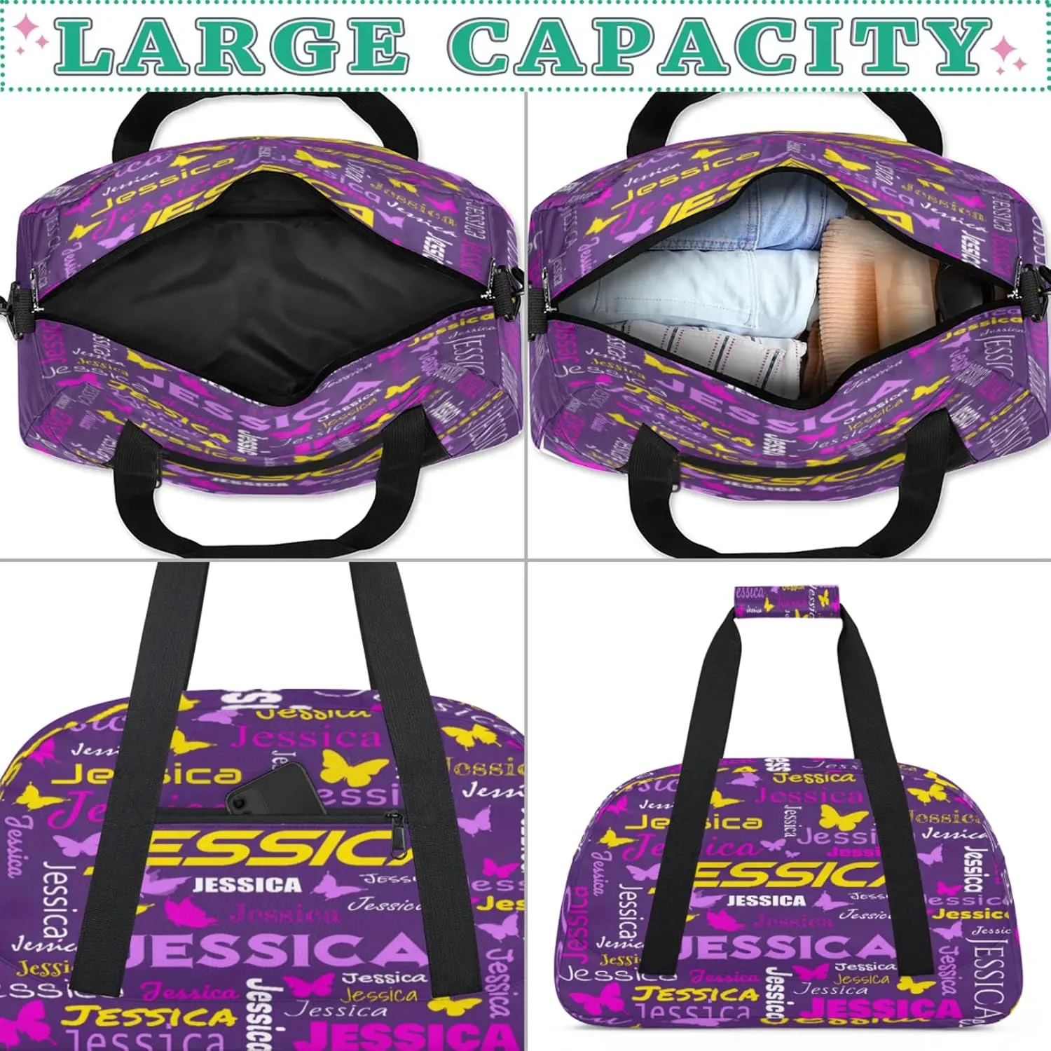 Personalized Name Sport Duffel Bag Dance Bags for Women Men, Butterflies Custom Gym Travel Bags, Custom Overnight Bags Weekender Bag, Deep Purple