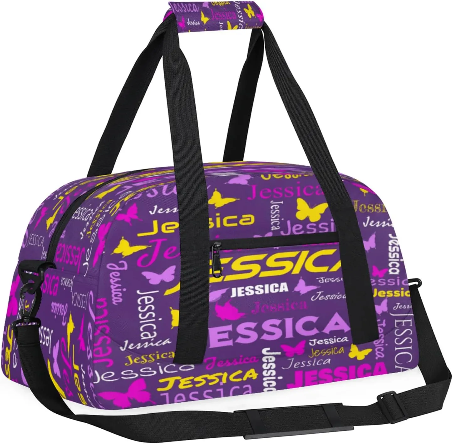 Personalized Name Sport Duffel Bag Dance Bags for Women Men, Butterflies Custom Gym Travel Bags, Custom Overnight Bags Weekender Bag, Deep Purple