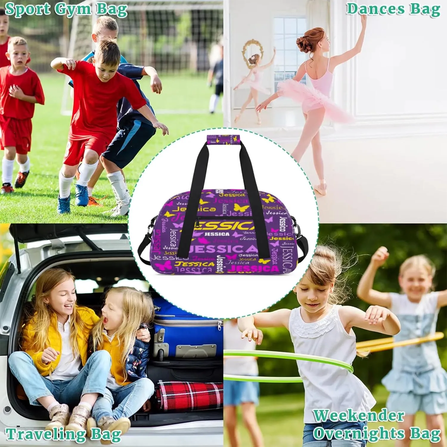 Personalized Name Sport Duffel Bag Dance Bags for Women Men, Butterflies Custom Gym Travel Bags, Custom Overnight Bags Weekender Bag, Deep Purple