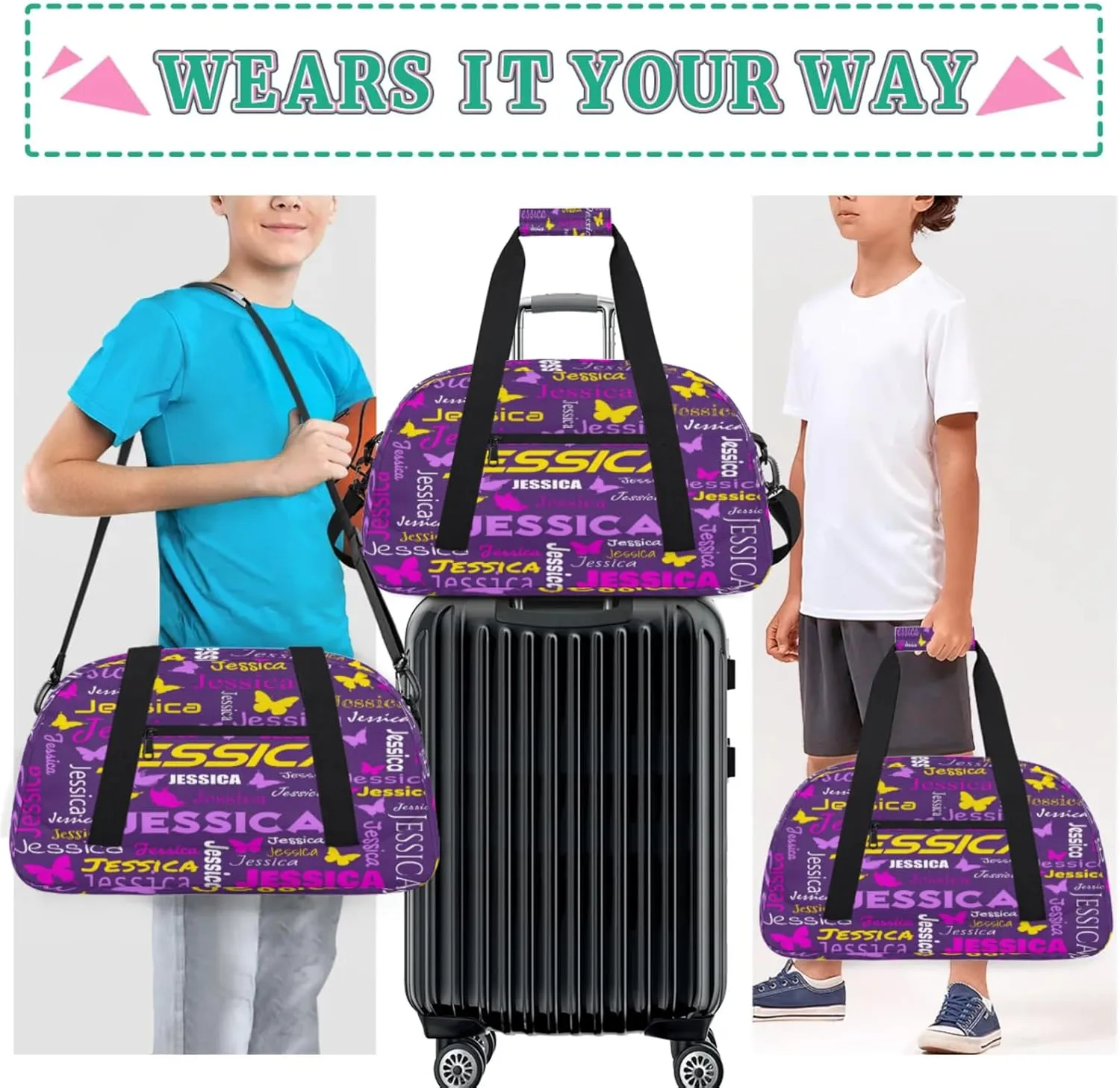 Personalized Name Sport Duffel Bag Dance Bags for Women Men, Butterflies Custom Gym Travel Bags, Custom Overnight Bags Weekender Bag, Deep Purple