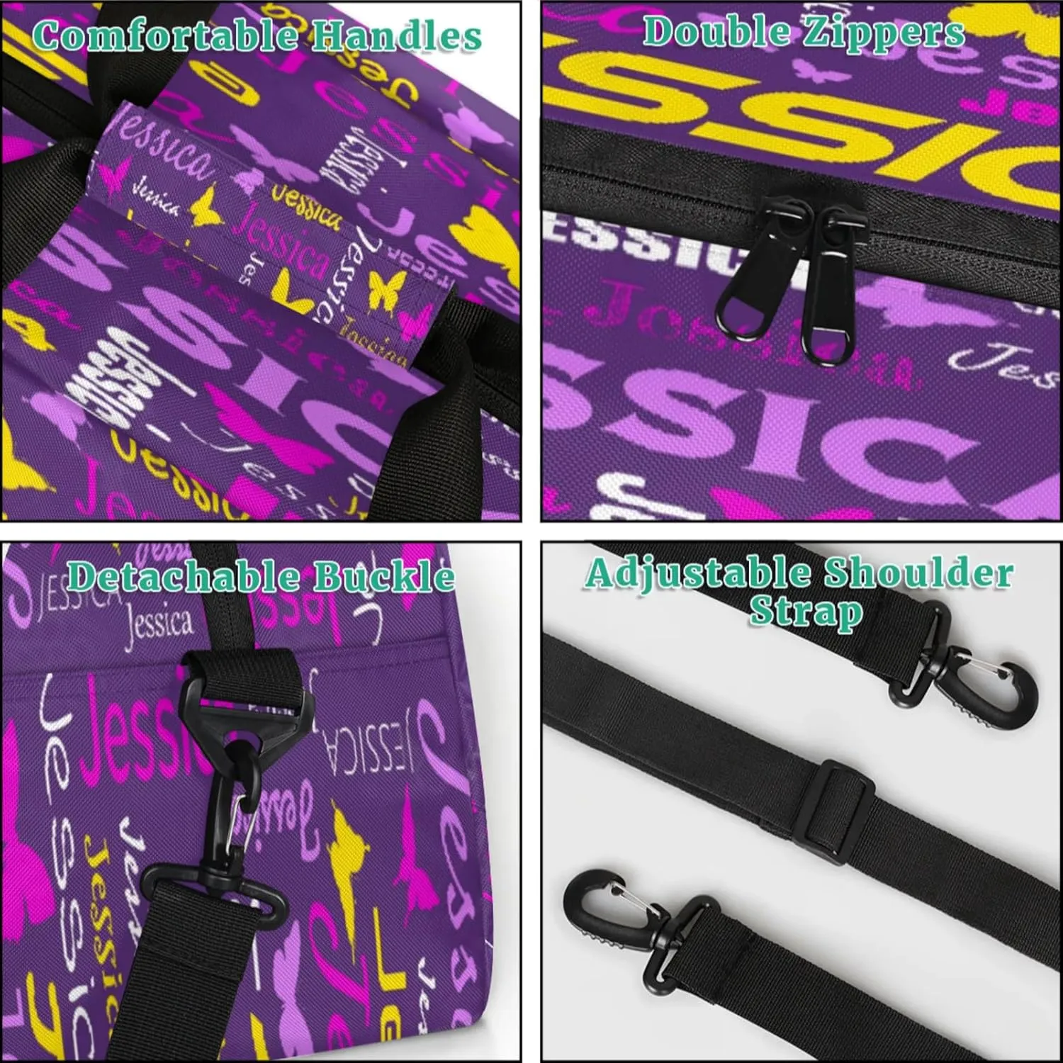 Personalized Name Sport Duffel Bag Dance Bags for Women Men, Butterflies Custom Gym Travel Bags, Custom Overnight Bags Weekender Bag, Deep Purple