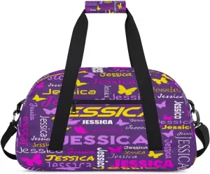 Personalized Name Sport Duffel Bag Dance Bags for Women Men, Butterflies Custom Gym Travel Bags, Custom Overnight Bags Weekender Bag, Deep Purple