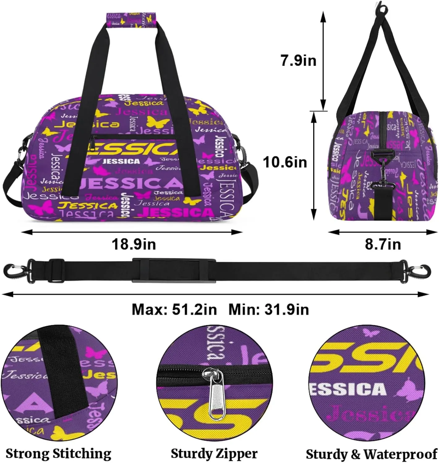 Personalized Name Sport Duffel Bag Dance Bags for Women Men, Butterflies Custom Gym Travel Bags, Custom Overnight Bags Weekender Bag, Deep Purple