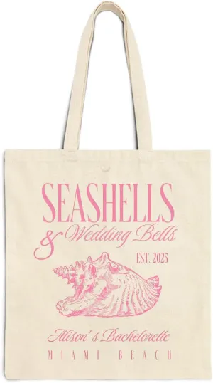 Personalized Seashells and Wedding Bells Tote Bags, Beach Bach Custom Bag, Bachelorette Party Bags, Beach Bachelorette Party Favors, Girls Trip Gift Bag, Bridesmaid Proposal Tote Bags