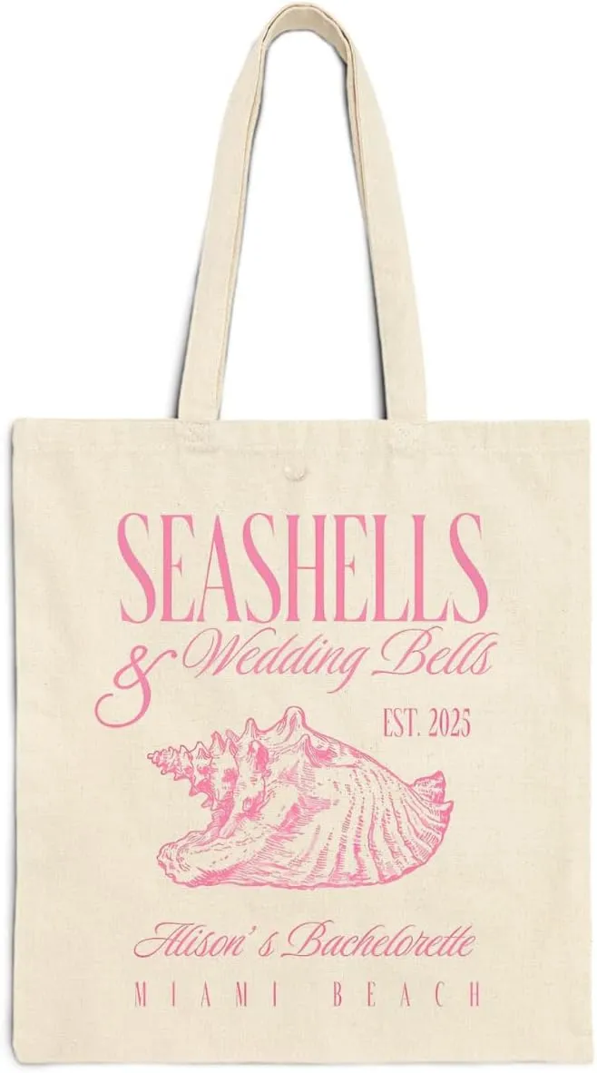 Personalized Seashells and Wedding Bells Tote Bags, Beach Bach Custom Bag, Bachelorette Party Bags, Beach Bachelorette Party Favors, Girls Trip Gift Bag, Bridesmaid Proposal Tote Bags