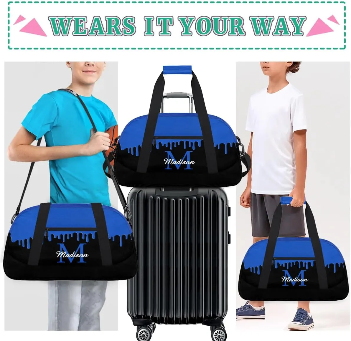 Personalized Sports Duffel Bag with Name Custom Monogrammed Weekender Overnight Bag Letter Initial Gym Bag Travel Dance Gymnastics Duffel Bag, Blue