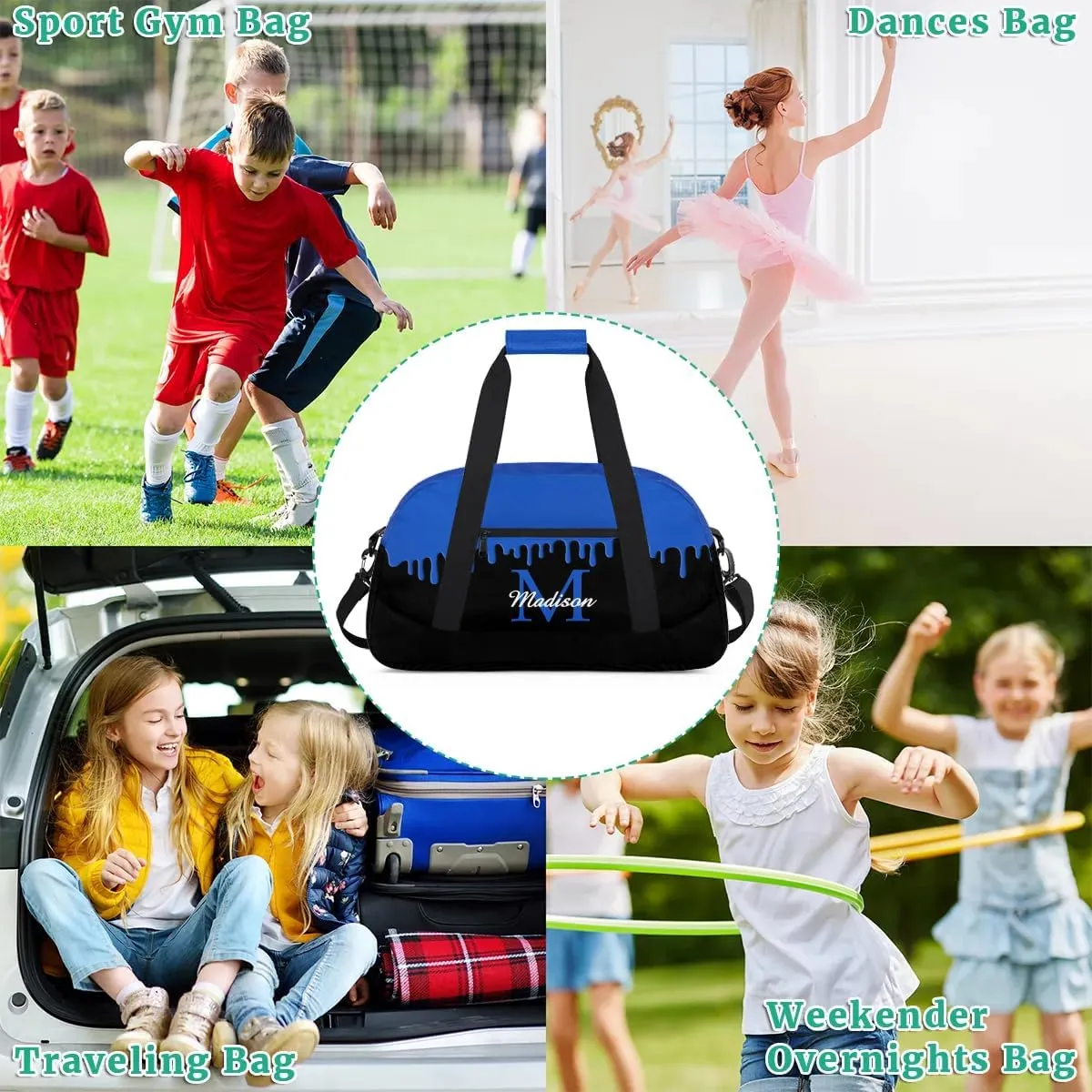 Personalized Sports Duffel Bag with Name Custom Monogrammed Weekender Overnight Bag Letter Initial Gym Bag Travel Dance Gymnastics Duffel Bag, Blue