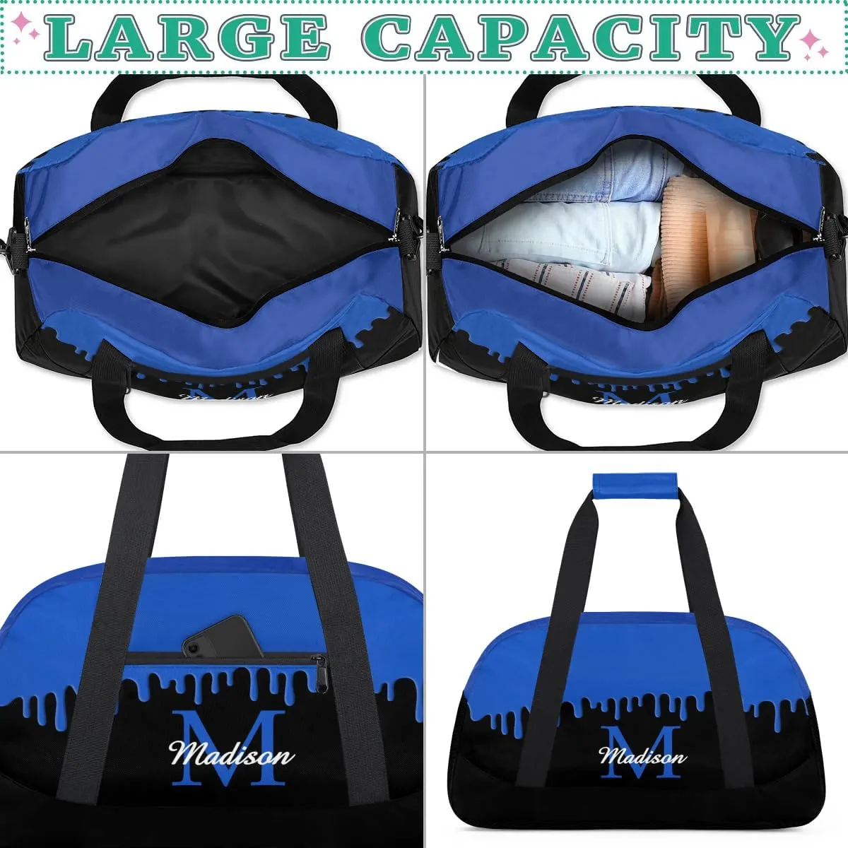 Personalized Sports Duffel Bag with Name Custom Monogrammed Weekender Overnight Bag Letter Initial Gym Bag Travel Dance Gymnastics Duffel Bag, Blue