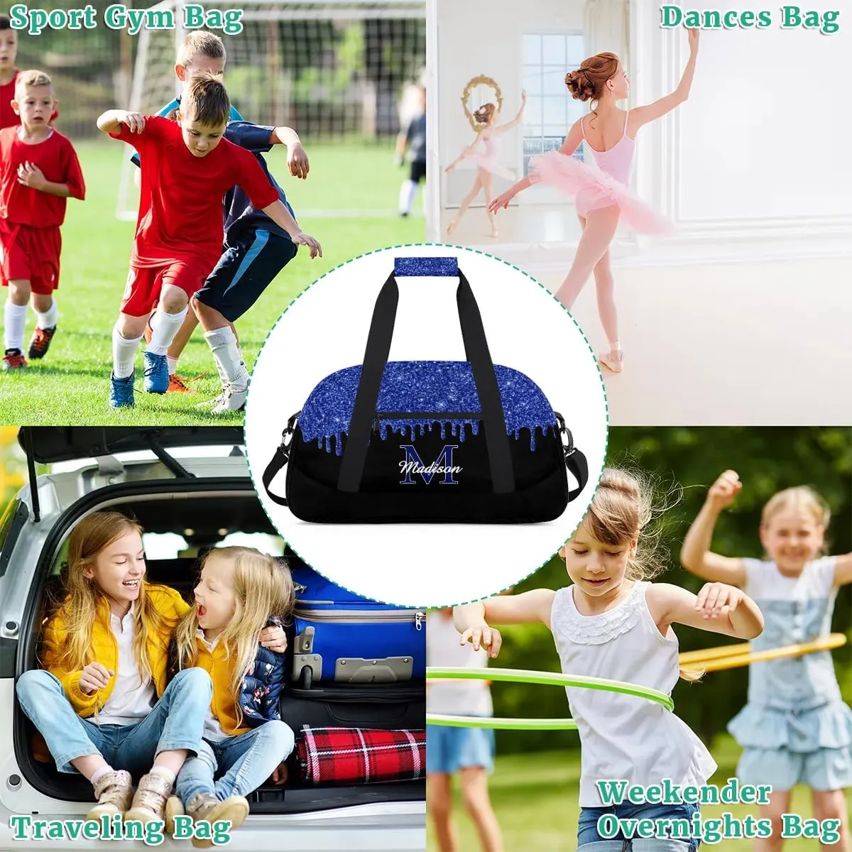 Personalized Sports Duffel Bag with Name Custom Monogrammed Weekender Overnight Bag Letter Initial Gym Bag Travel Dance Gymnastics Duffel Bag, Glitter Blue