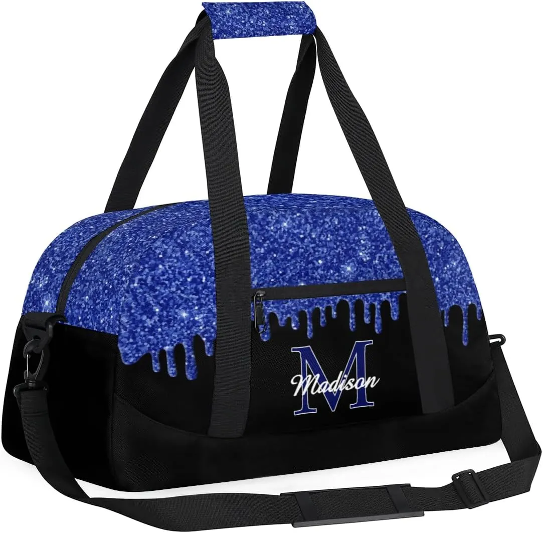 Personalized Sports Duffel Bag with Name Custom Monogrammed Weekender Overnight Bag Letter Initial Gym Bag Travel Dance Gymnastics Duffel Bag, Glitter Blue