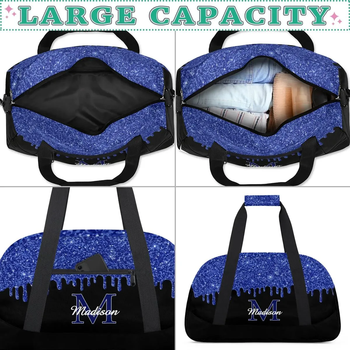 Personalized Sports Duffel Bag with Name Custom Monogrammed Weekender Overnight Bag Letter Initial Gym Bag Travel Dance Gymnastics Duffel Bag, Glitter Blue