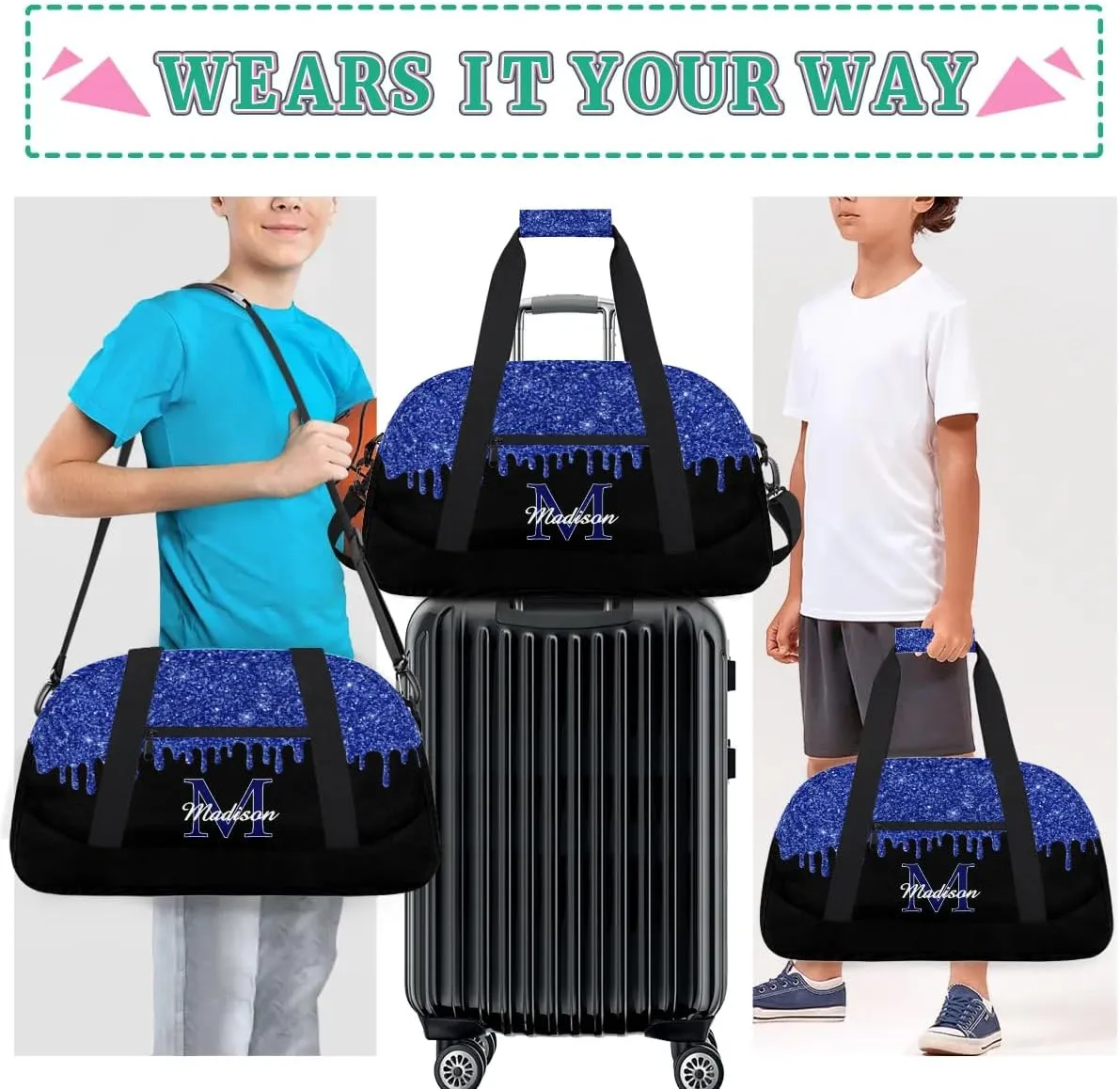 Personalized Sports Duffel Bag with Name Custom Monogrammed Weekender Overnight Bag Letter Initial Gym Bag Travel Dance Gymnastics Duffel Bag, Glitter Blue