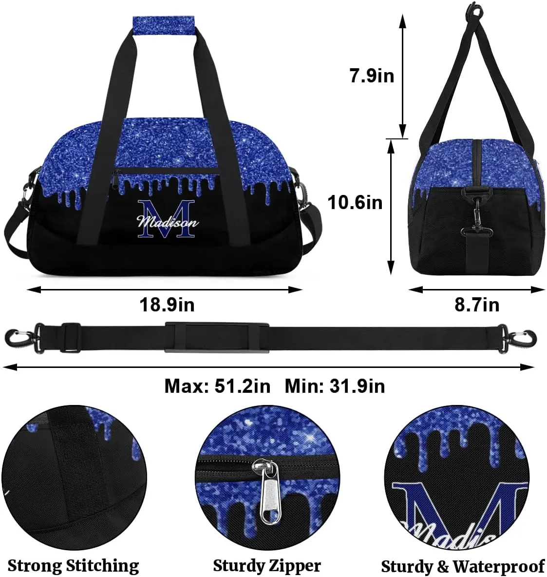 Personalized Sports Duffel Bag with Name Custom Monogrammed Weekender Overnight Bag Letter Initial Gym Bag Travel Dance Gymnastics Duffel Bag, Glitter Blue
