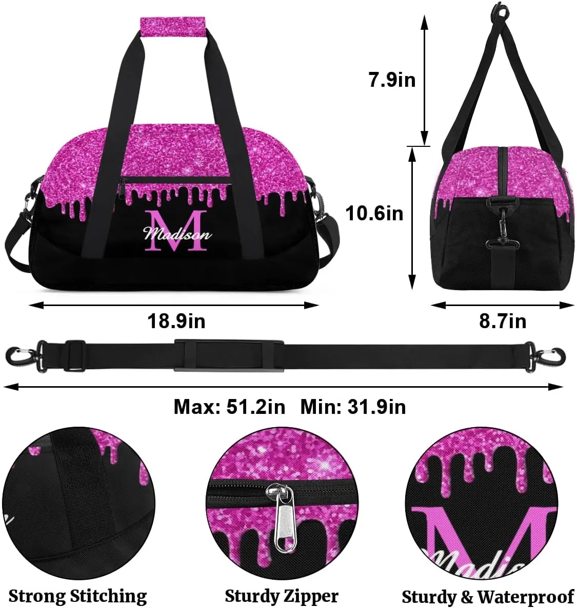 Personalized Sports Duffel Bag with Name Custom Monogrammed Weekender Overnight Bag Letter Initial Gym Bag Travel Dance Gymnastics Duffel Bag, Glitter Pink