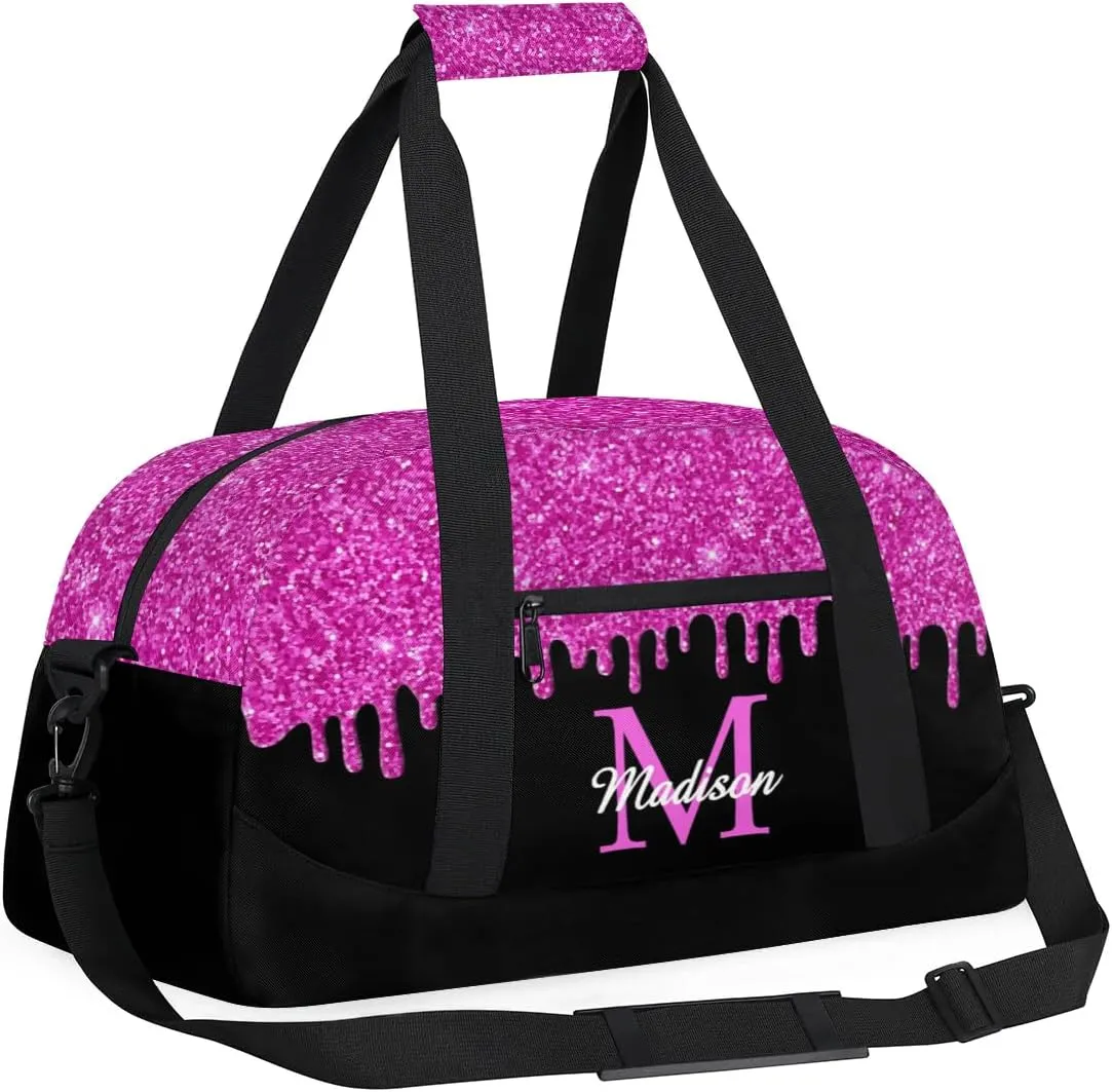 Personalized Sports Duffel Bag with Name Custom Monogrammed Weekender Overnight Bag Letter Initial Gym Bag Travel Dance Gymnastics Duffel Bag, Glitter Pink